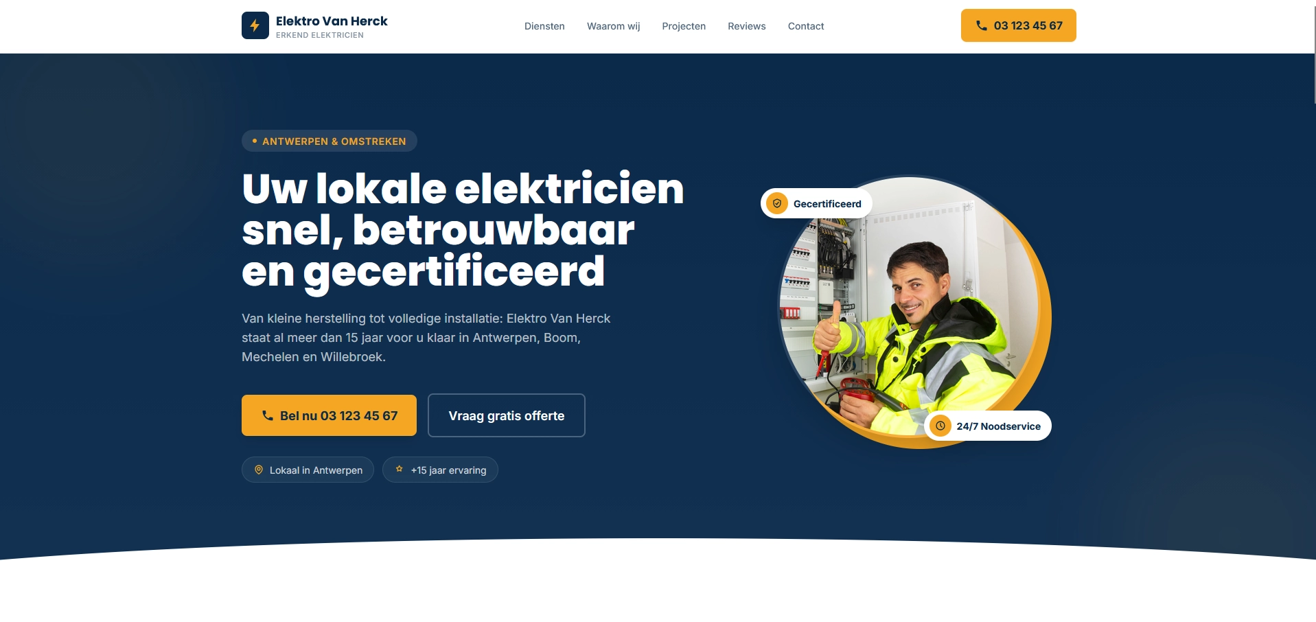 Screenshot van de homepage van Elektro Van Herck