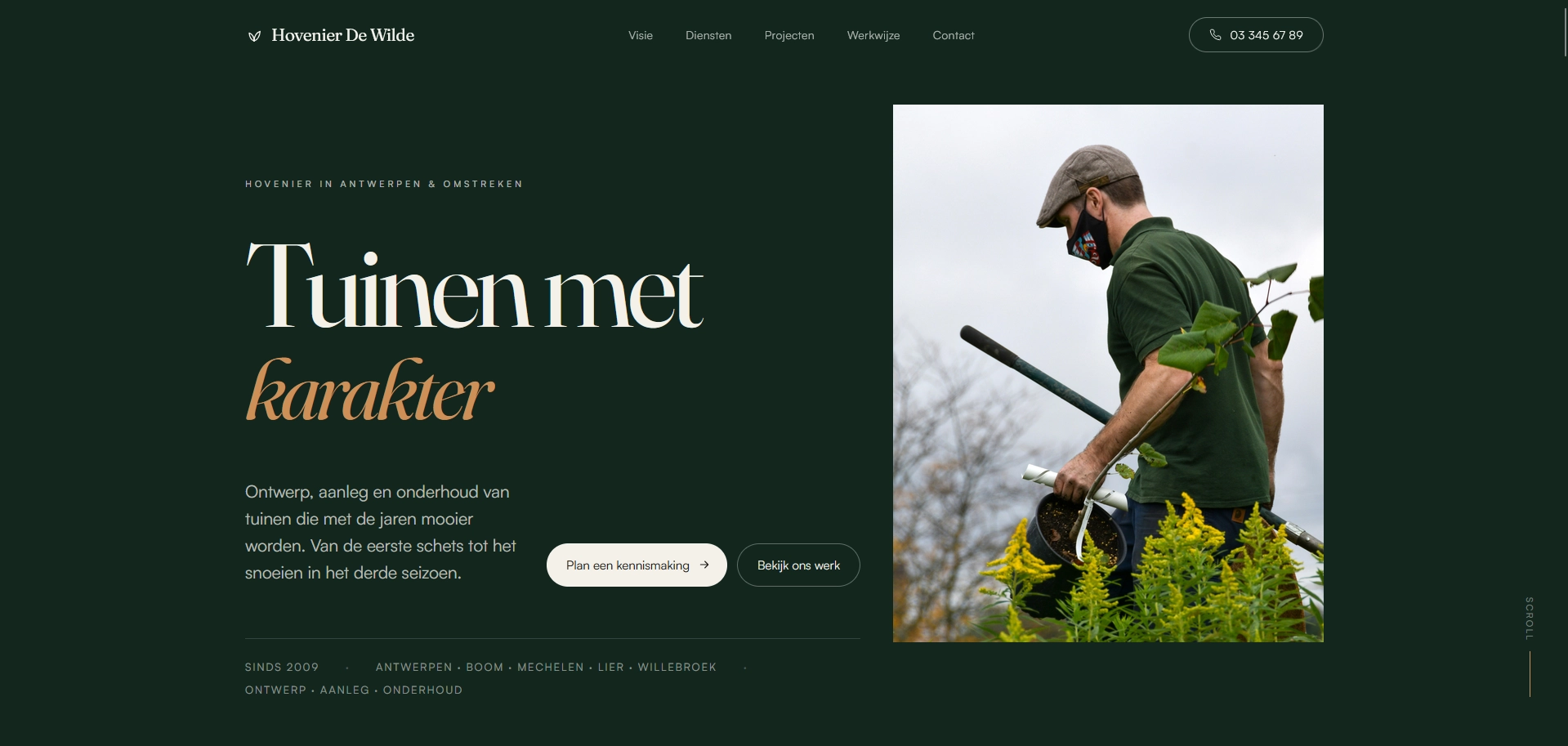 Screenshot van de homepage van Hovenier De Wilde